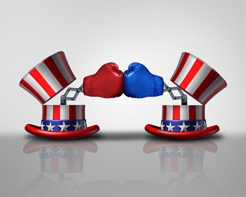 Two American-styled hats with one red and one blue boxing gloves coming out of each hat to punch each other. This is supposed to represent political enemies from different sides of the political spectrum