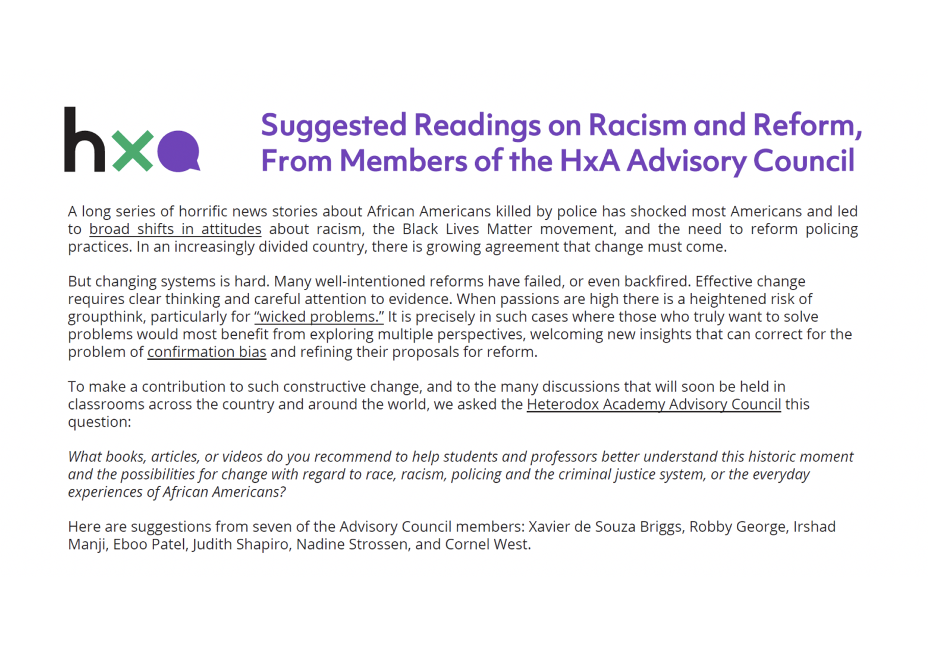 Resources and Suggested Readings on Racism, Reform, Policing, and the Criminal Justice System