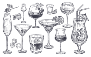 Black sketches of various wine, cocktail, and martini glasses on white background