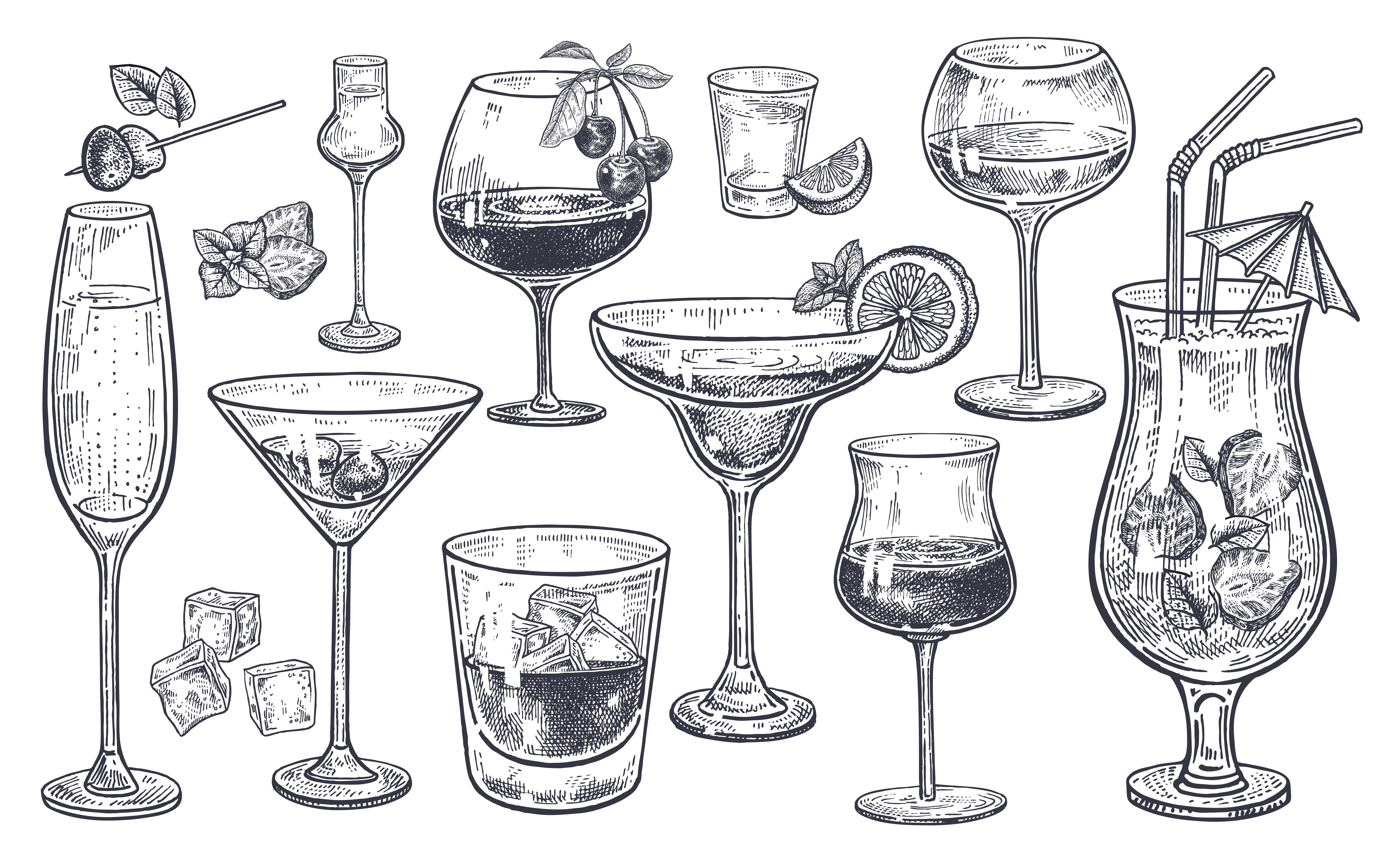 Black sketches of various wine, cocktail, and martini glasses on white background to symbolize a member mixer