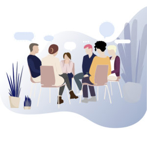 Cartoon image of individuals talking in a circle