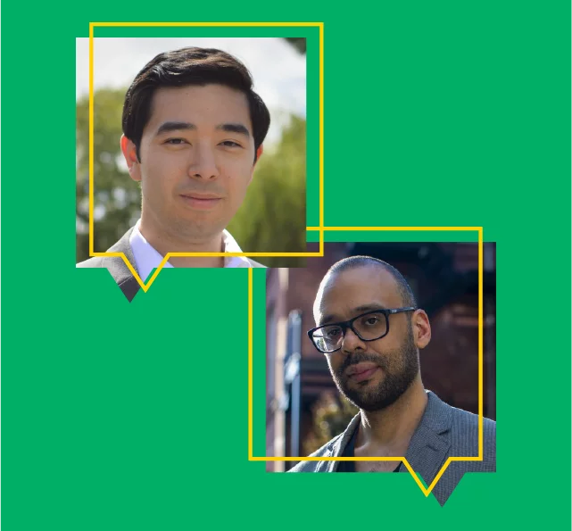 Headshots of Musa al-Gharbi and Rob Henderson within frames on a green background
